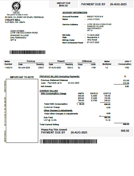 Trinidad and Tobago Electricity Commission utility bill template in Word and PDF formats